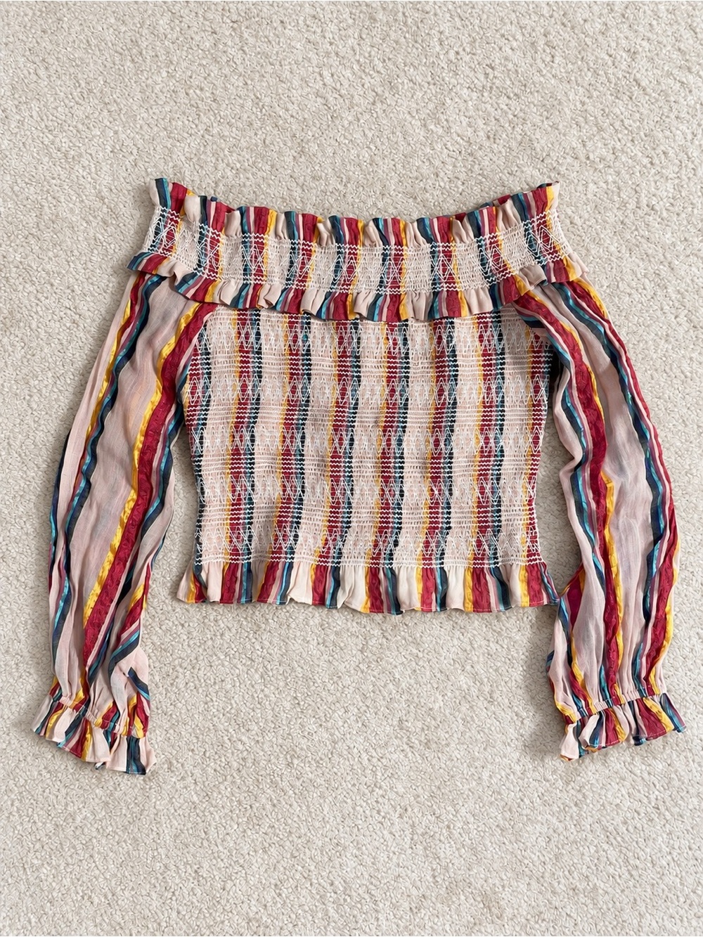 NWT Tularosa Multicolor Striped Off-Shoulder Smocked Long Sleeve Top Revolve